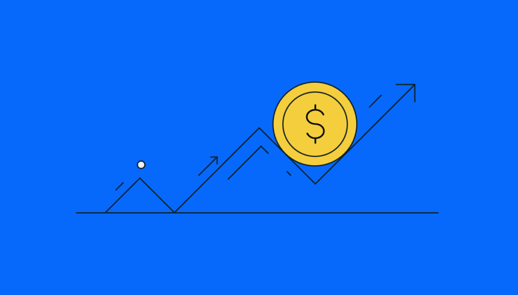 An illustration of a rising line graph with peaks and troughs, representing market trends, featuring a large yellow coin near the upward trajectory, which symbolises identifying and acting on market trends