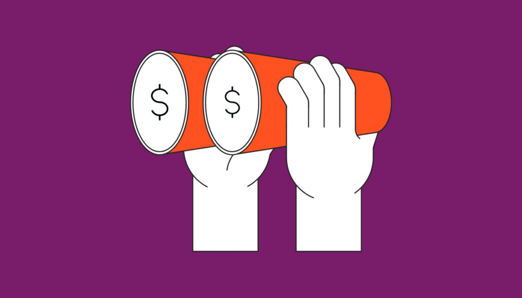 An illustration of two hands holding a pair of binoculars made from orange tubes, with dollar signs on the lenses, set against a purple background. The design symbolises the concept of paper trading, emphasising observation and strategy refinement in a risk-free environment before engaging in live markets.