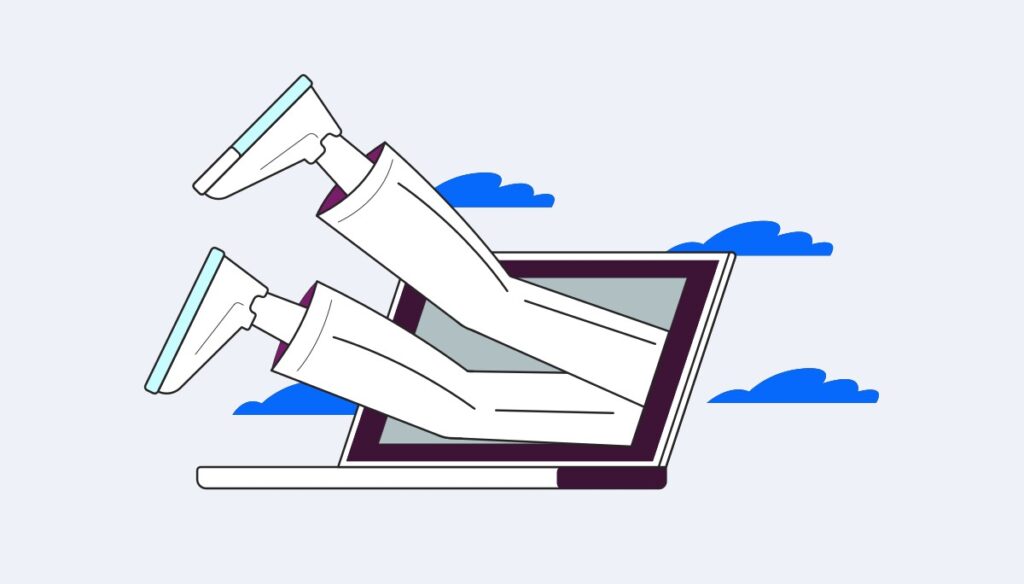 An illustration of a person’s legs wearing white trousers and sneakers appearing to dive through a laptop screen, set against a light background with blue clouds. The design symbolises diving into data, reflecting the concept of exploring key fundamental indicators—P/E Ratio, EPS, ROI, and ROE—to shape and enhance investment strategies.